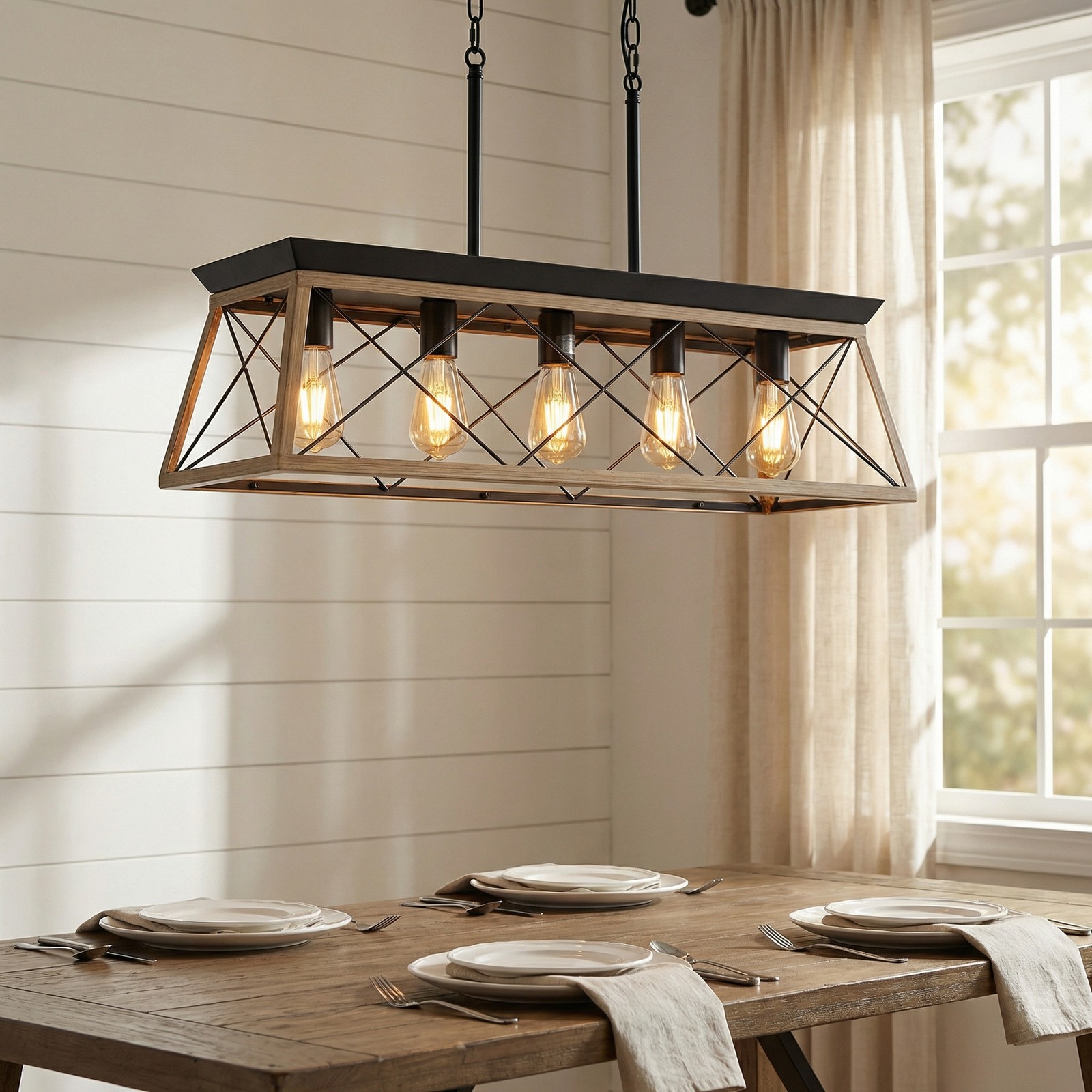 32'' Pendant 5 Light Rustic Farmhouse Chandelier Living Room Metal Oak Fixture gallery