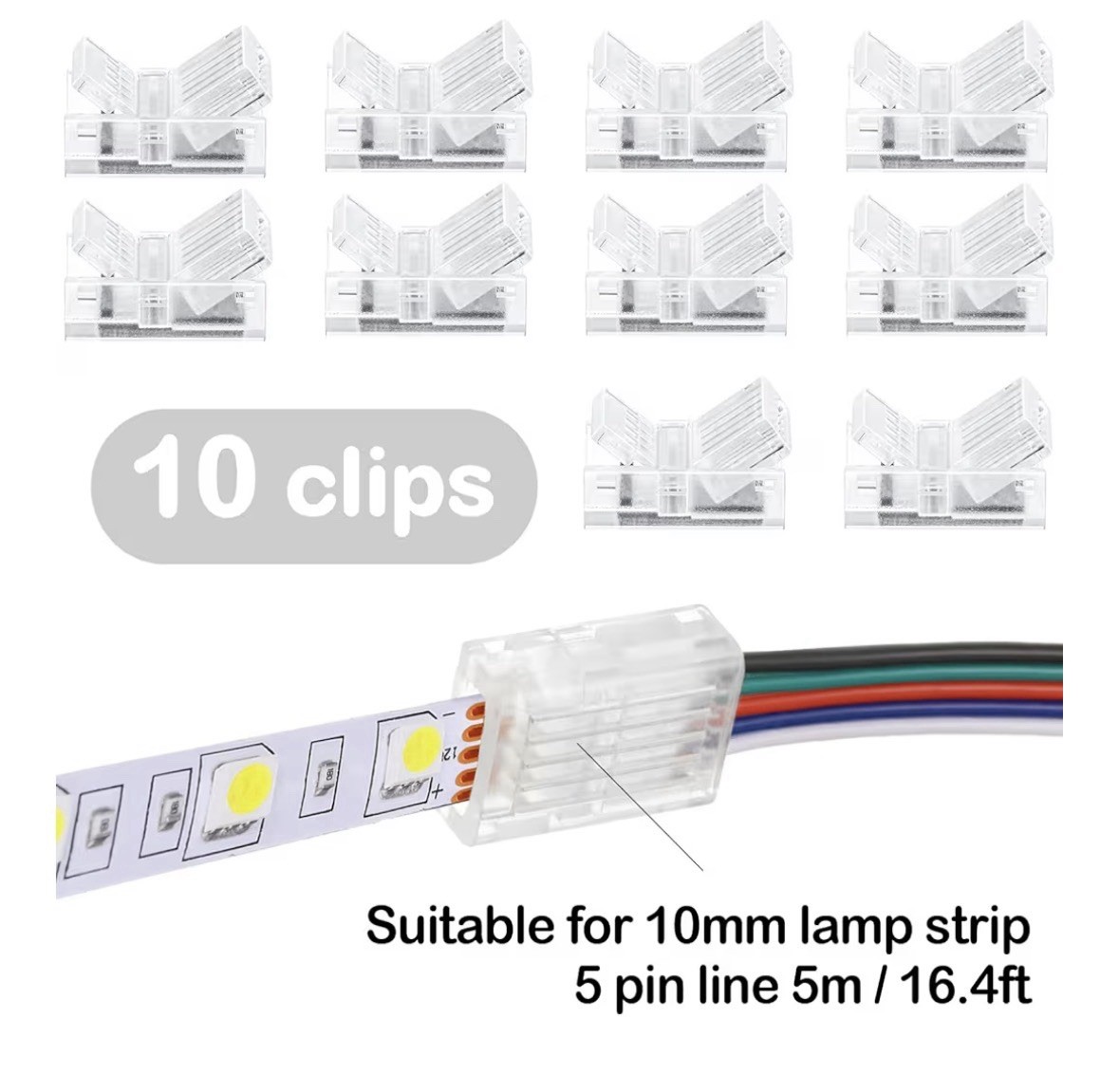10mm 5-Pin LED Strip Light Clip-On Connector Kit, 10pcs + 5m Cable, IP44 gallery