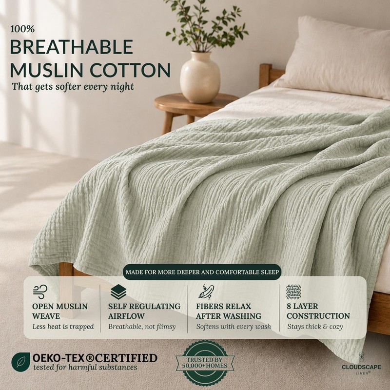 CLOUDSCAPE 8 Layer Muslin Blanket for Adults, 100% Cotton Queen Size Blankets... gallery
