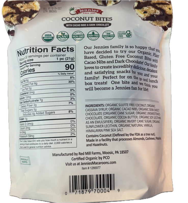 JENNIES ORGANIC COCONUT BITES WITH CACAO NIBS & DARK CHOCOLATE 24 OZ EXP: 02/27 gallery