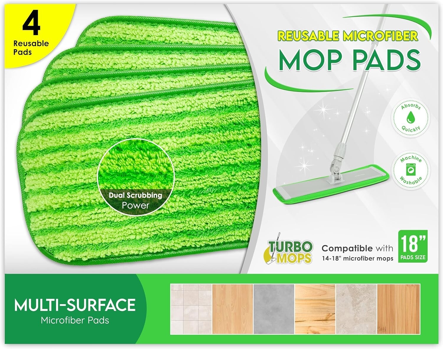 18" Microfiber Mop Pads 4 Pack, Reusable Washable Cloth Mop Head Replacements gallery