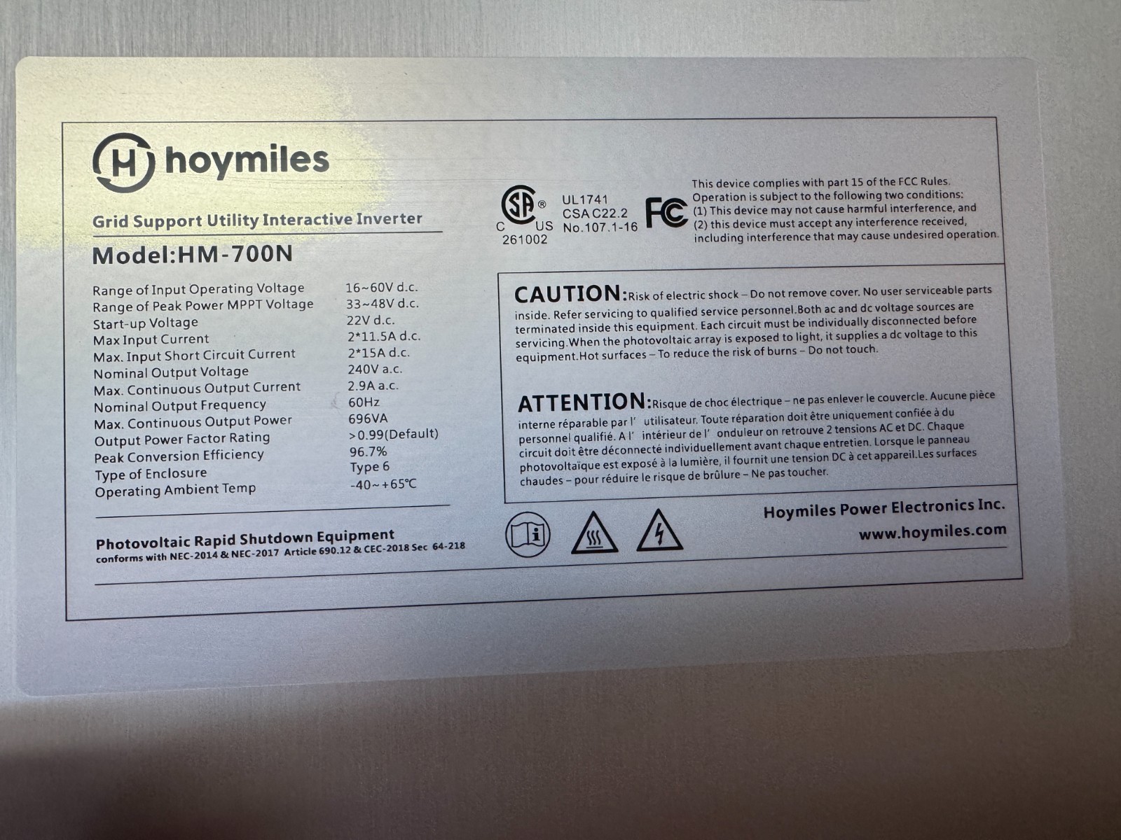 HOYMILES HM-700N Microinverter Module Power 2-in-1 240vac 696w 700HN gallery
