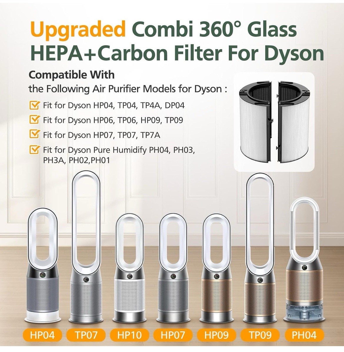 2 Pack Combi 360° Glass HEPA+Activated Carbon Filter For Dyson TP09 TP07 TP06 gallery