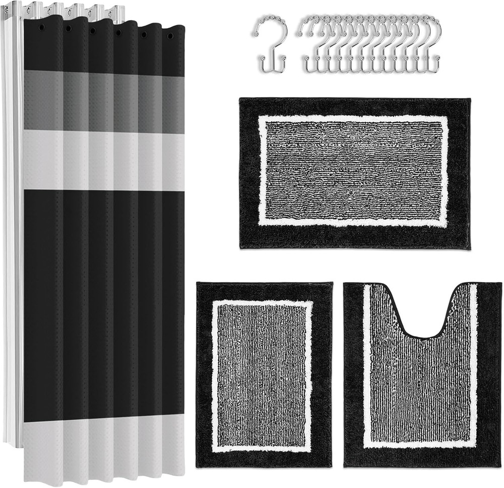 Britimes Black Stripes Bathroom Sets with Shower Curtain and Rugs, Ombre Striped
