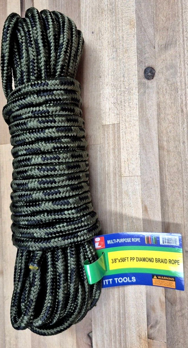3/8" X 50' PP DIAMOND BRAIDED ROPE, CAMPING MULTI- PURPOSE GREEN CAMOUFLAGE gallery