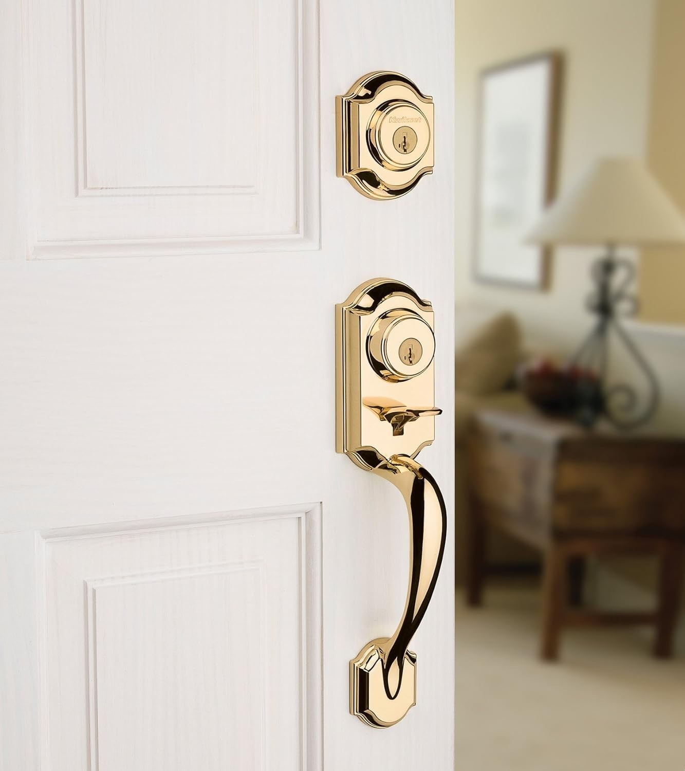 Kwikset Montara Front Door Lock Handle and Deadbolt Set, Polished Brass gallery