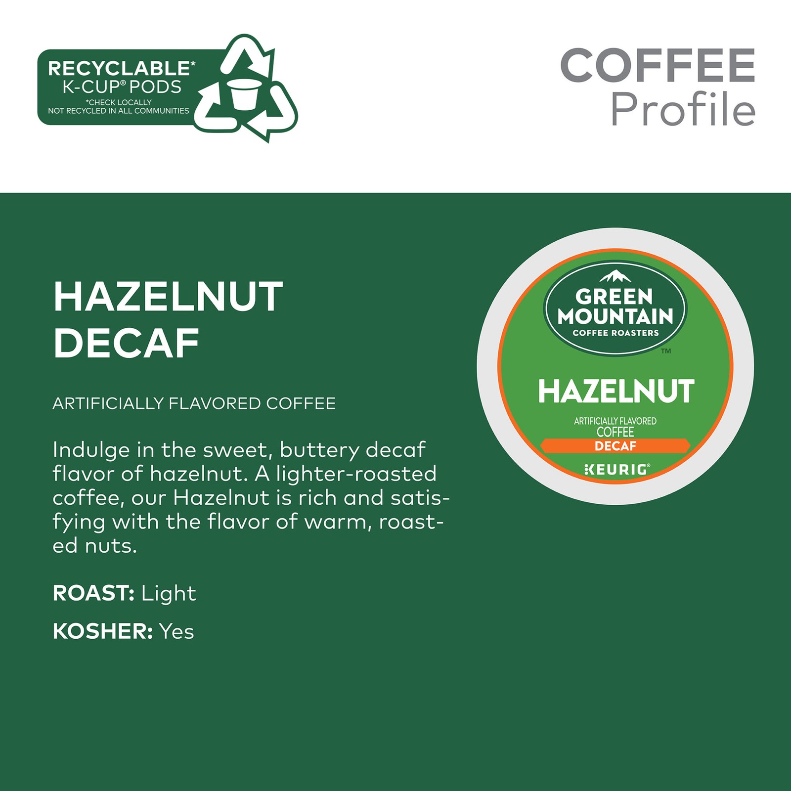Green Mountain Coffee Hazelnut Decaf Coffee, K-Cup pods, Light Roast, 24 Count gallery