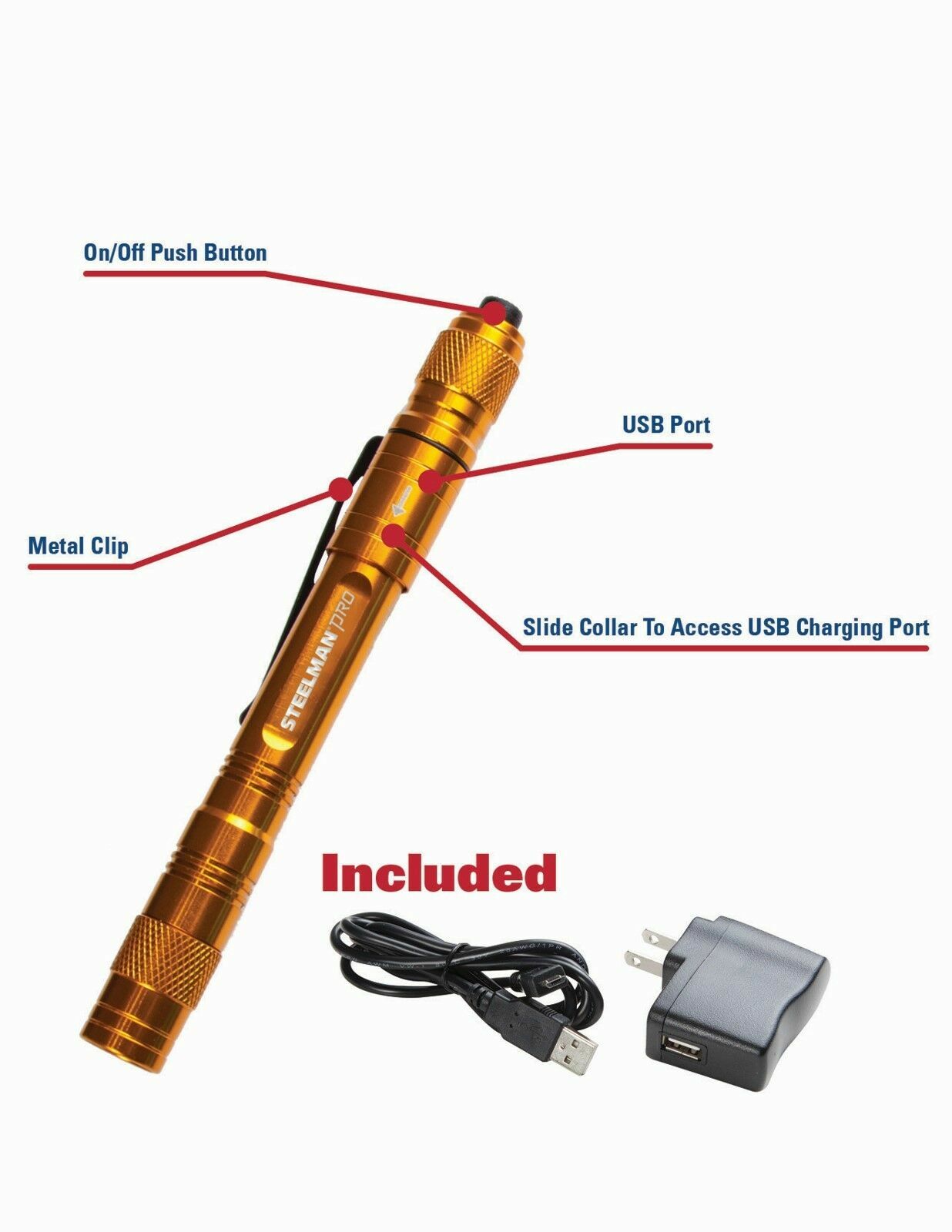 STEELMAN PRO 78736 USB Rechargeable LED Pen Light Flashlight Hurricane 70 Lumes gallery