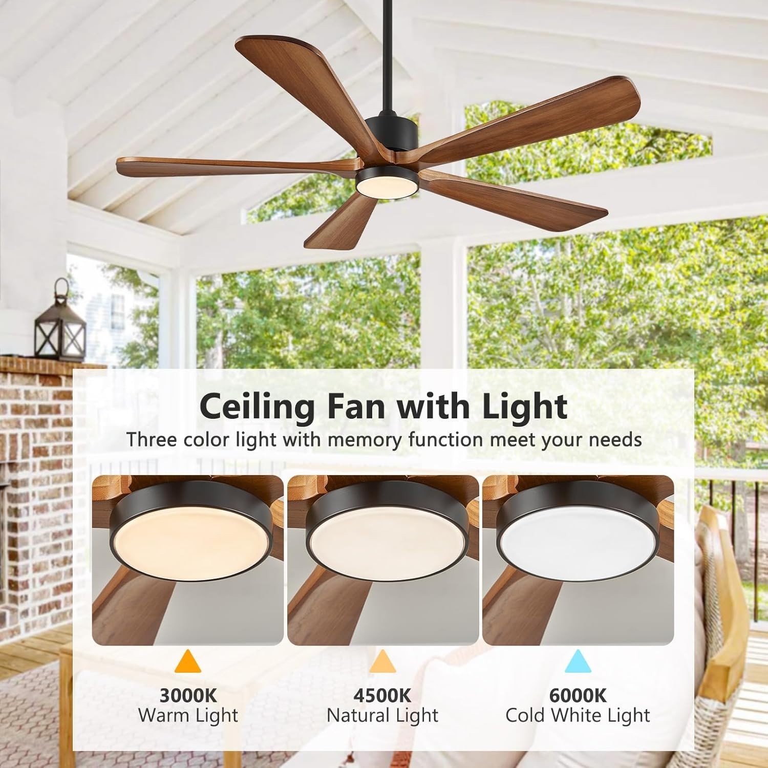 Ceiling Fan 60" with Lights and Remote Control – 5 Solid Wood Blades Walnut gallery