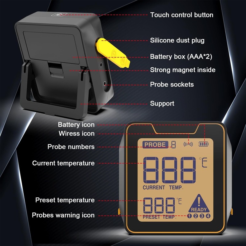 Digital Meat Thermometer with 4 Probes, 328FT Wireless BBQ Food Thermometer, gallery