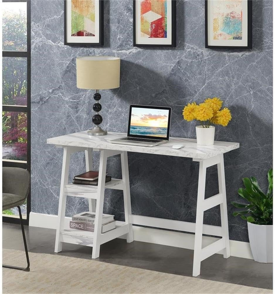 Modern 47" Trestle Desk & Vanity with Shelves - White Faux Marble Finish gallery