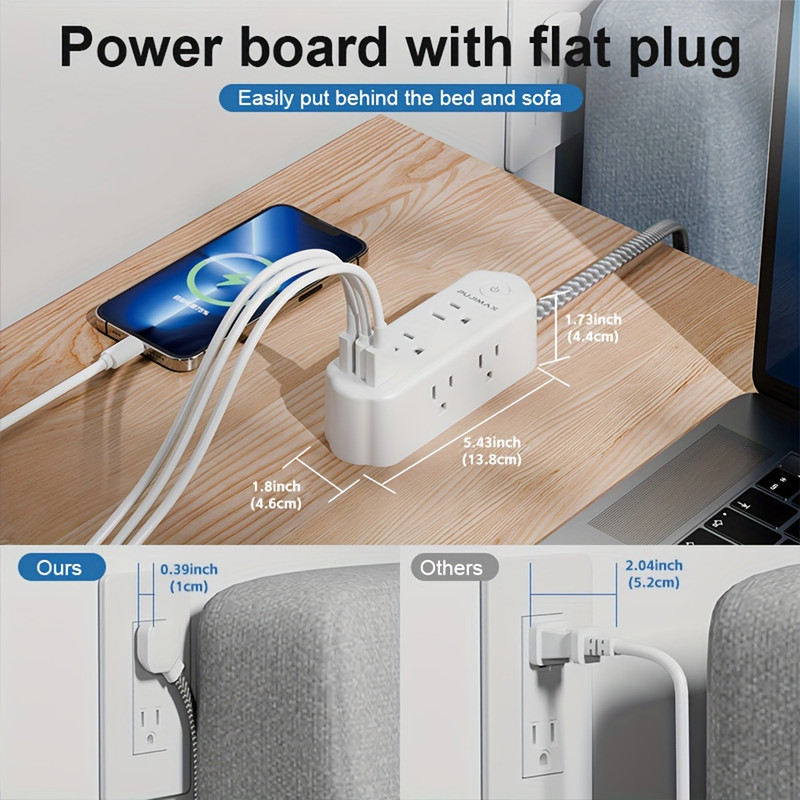 Flat Plug Power Board With 6 Sockets Long Extension Line USB Port Surge Protect gallery