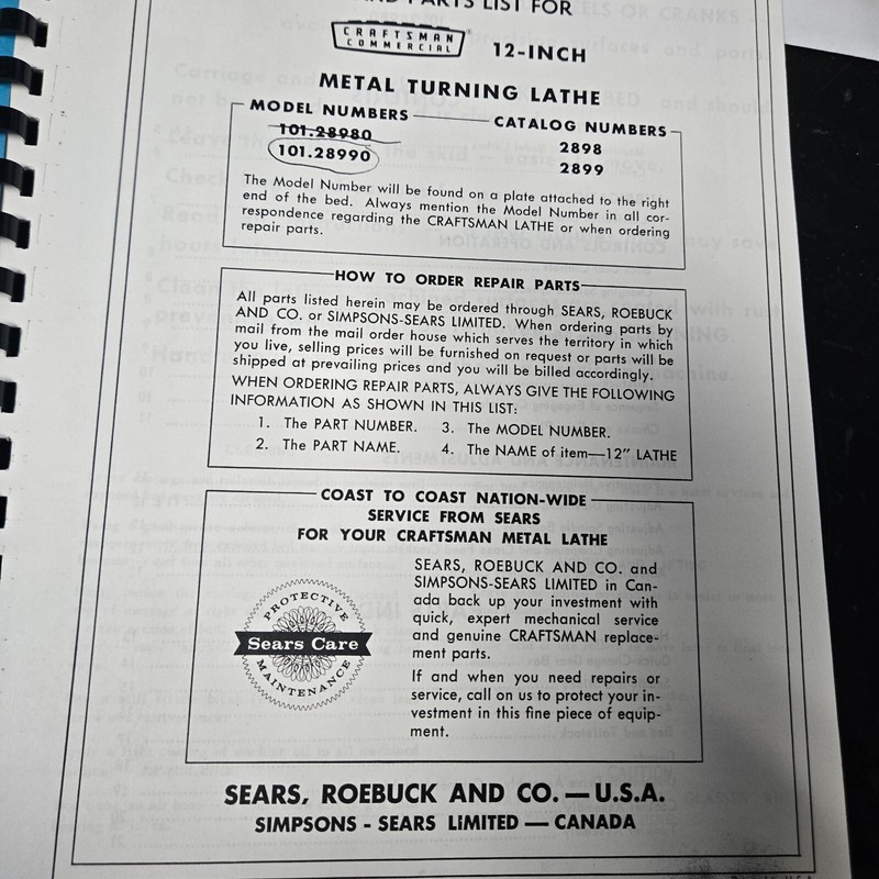 Craftsman Assembly & Operating Instructions parts list for 12 inch Metal Lathes gallery