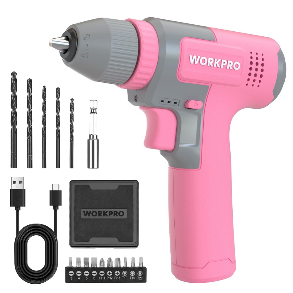 WORKPRO Pink Cordless 8V Electric Drill Driver Set 3/8'' Keyless Chuck 15pcs Bit