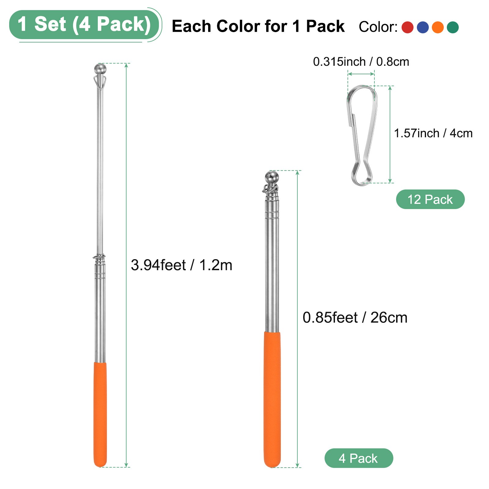 4-Pack 3.94Ft/1.2M Telescopic Flag Pole with Clips Red/Blue/Orange/Green gallery