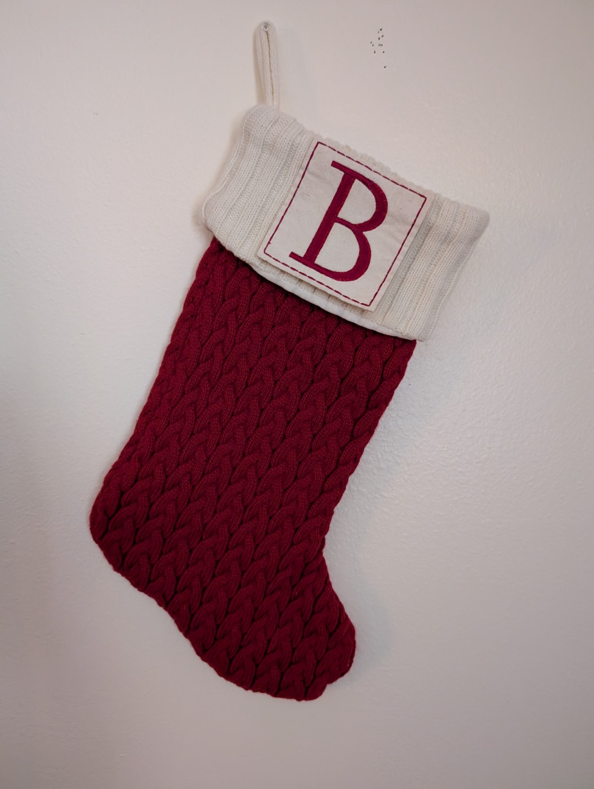 Kohls Christmas Stocking Red Cable Knit Initial B White Cuff gallery