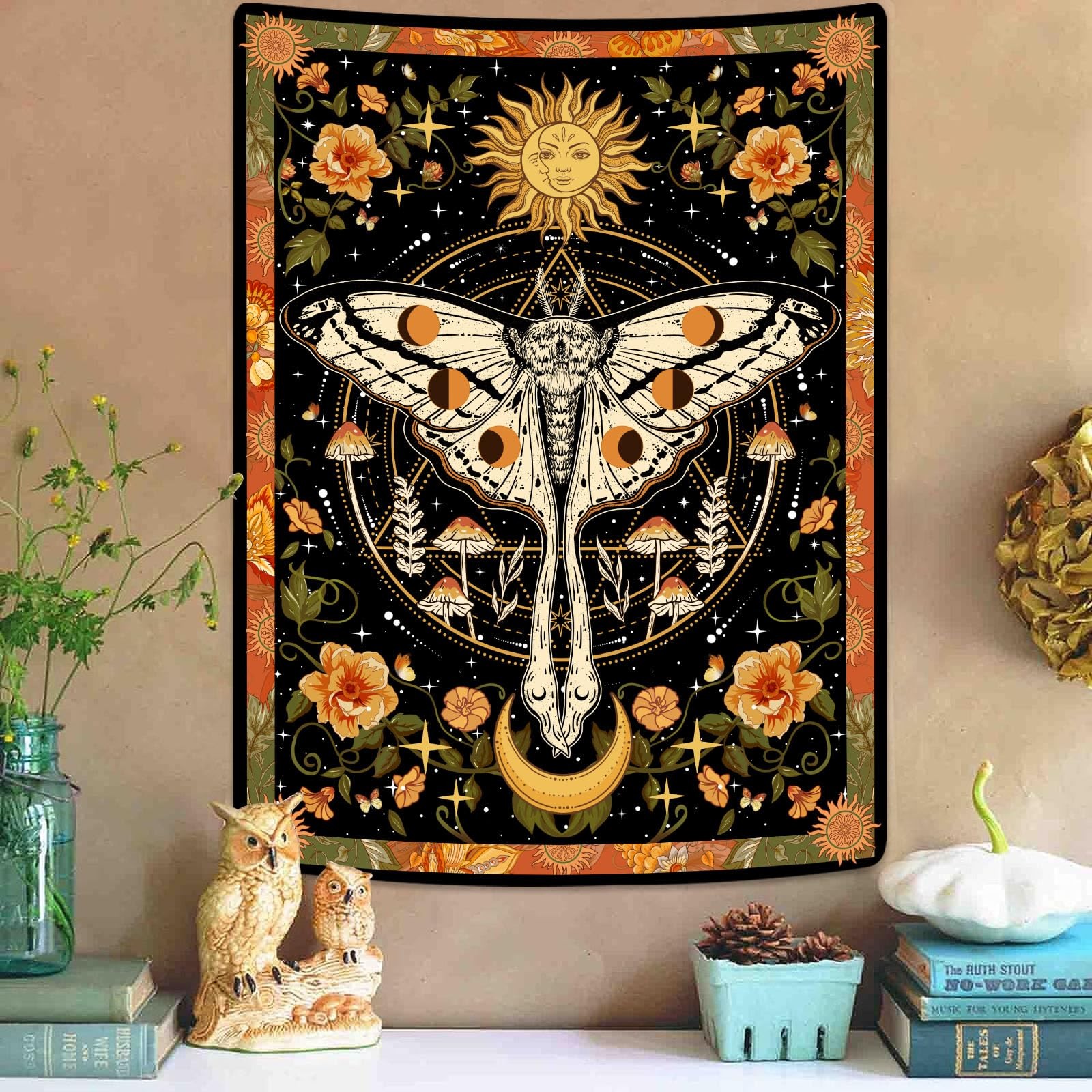 Orange Moth Tapestry Boho Retro Floral Flowers Tapestries Aesthetic Vintage M.. gallery
