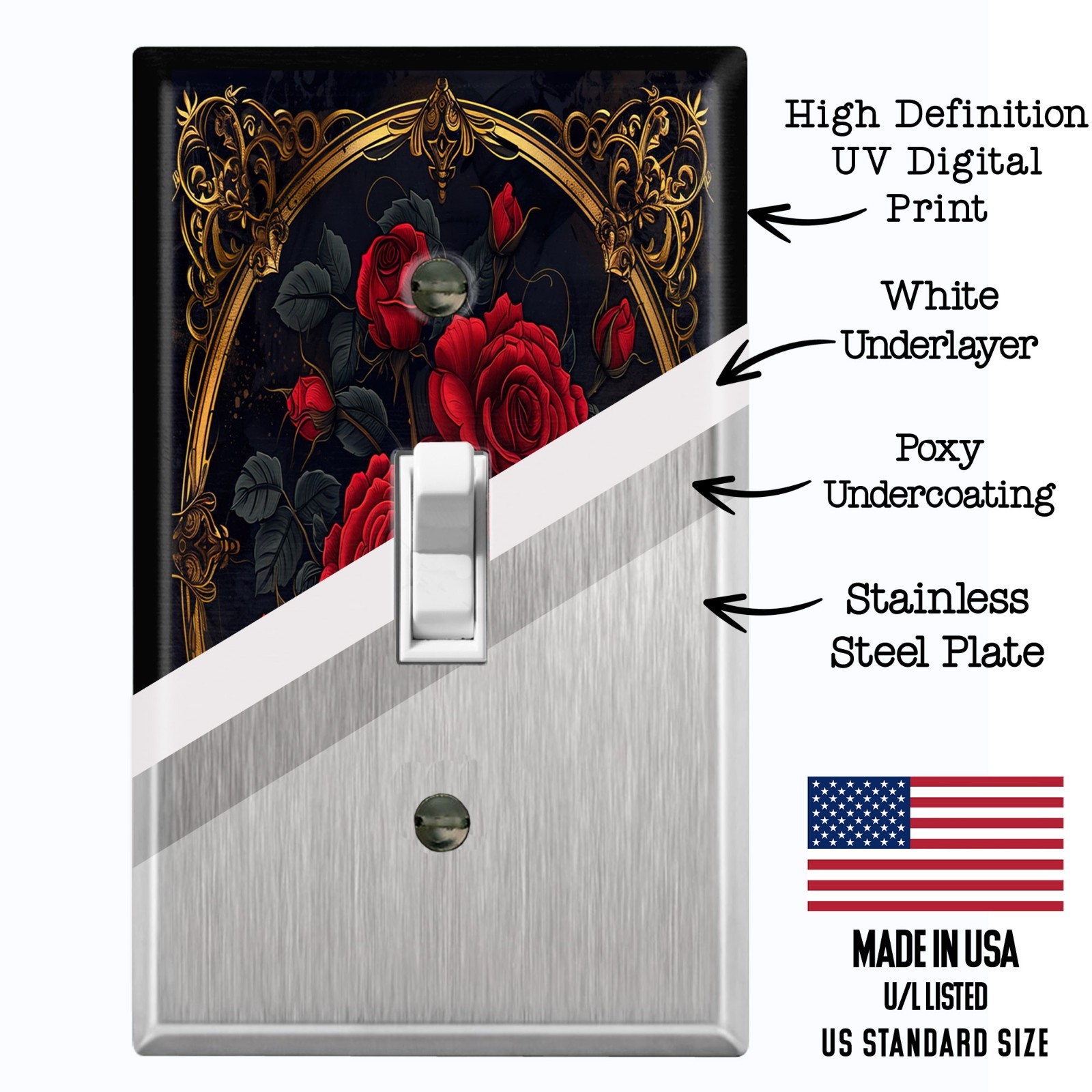 Metal Light Switch Outlet Cover Wall Plate Elegant Red Black Rose Floral FWR253 gallery