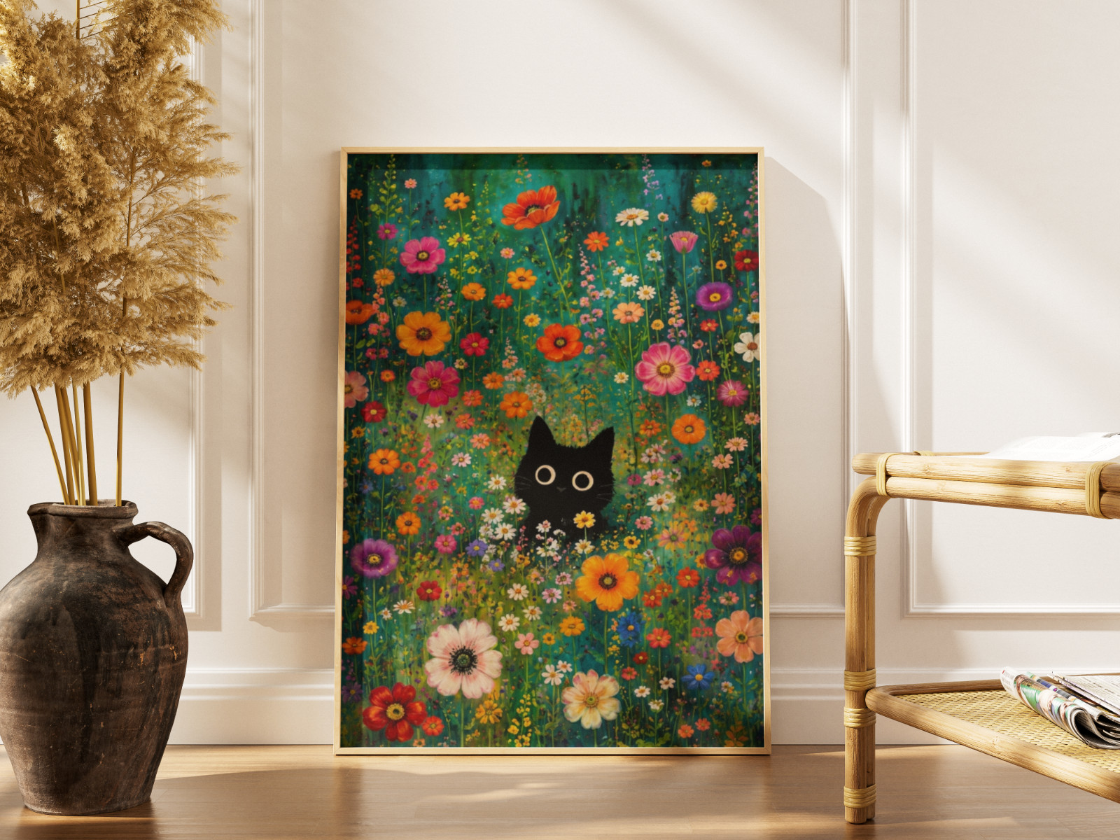 Cute Black Cat Wildflower Poster - Colorful Floral Garden Wall Art Decor Print gallery