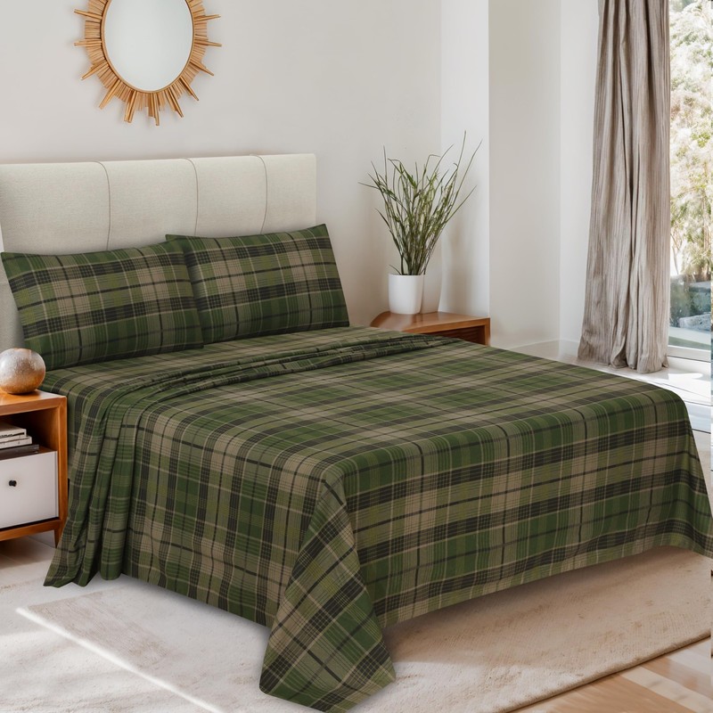 RUVANTI 100% Cotton 4 Pcs Flannel Sheets Green & Grey Plaid Full Sheets , Deep gallery