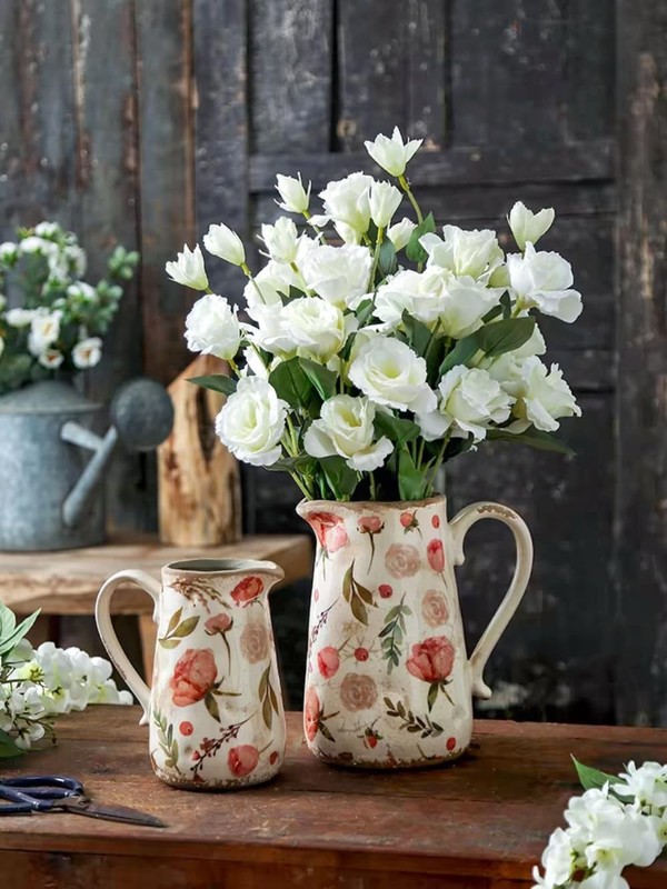 Retro Rustic Large Ceramic Vase w/ Handle, Distressed Farmhouse Pitcher gallery