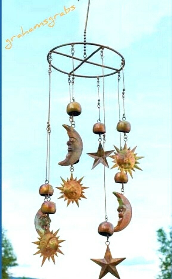 SUN MOON & STARS CELESTIAL HANGING MOBILE CHIME WIND CATCHER PATINA COPPER gallery