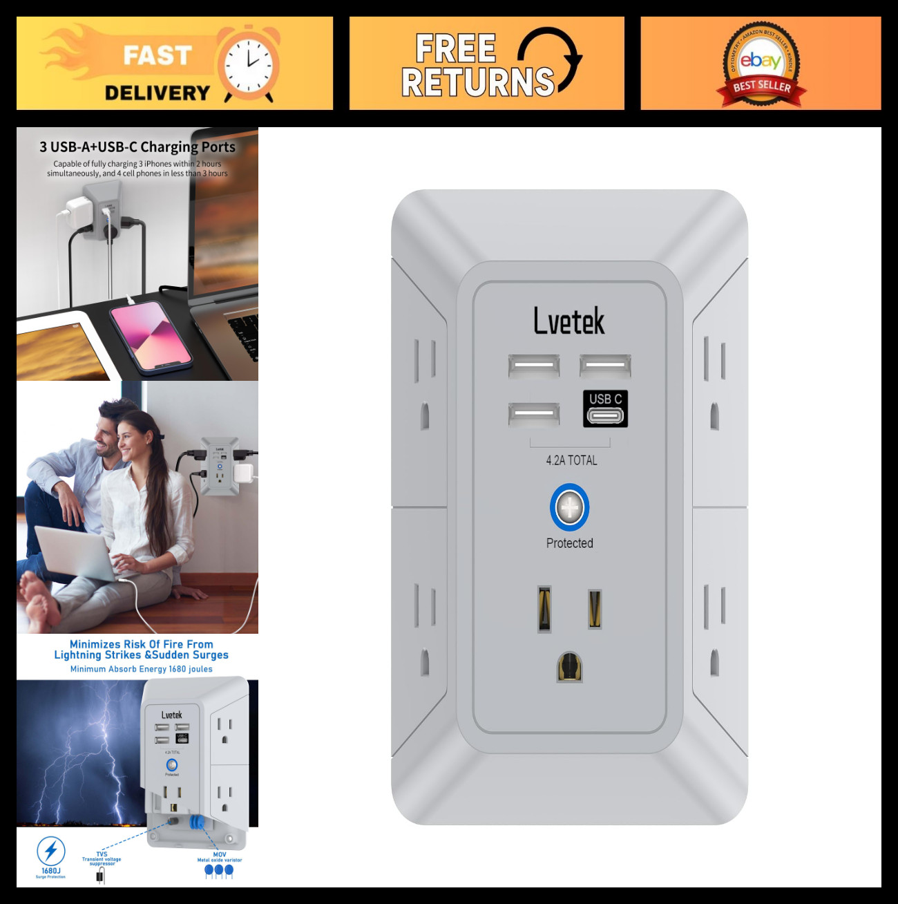 Surge Protector Power Strip with 5 Outlets & 4 USB Ports, 1680J Wall Charger, Gr gallery
