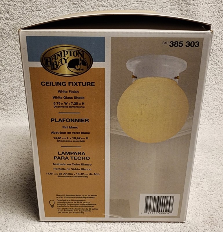 Hampton Bay Flush Mount Ceiling Fixture White Finish White Glass Shade NEW gallery
