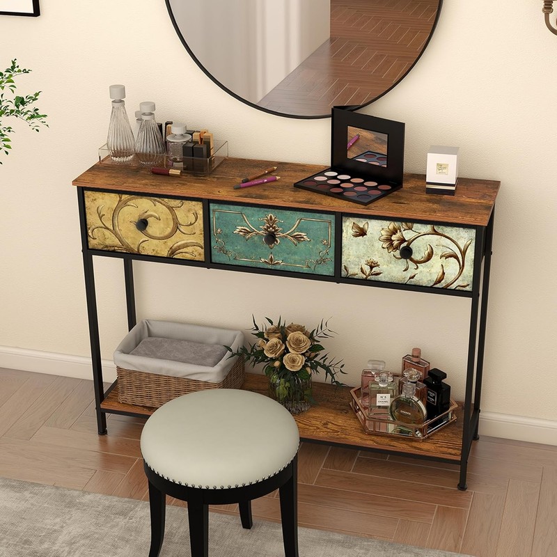 Entryway Console Table Rustic Brown Boho Sofa Table 3 Fabric Drawers Shelf gallery