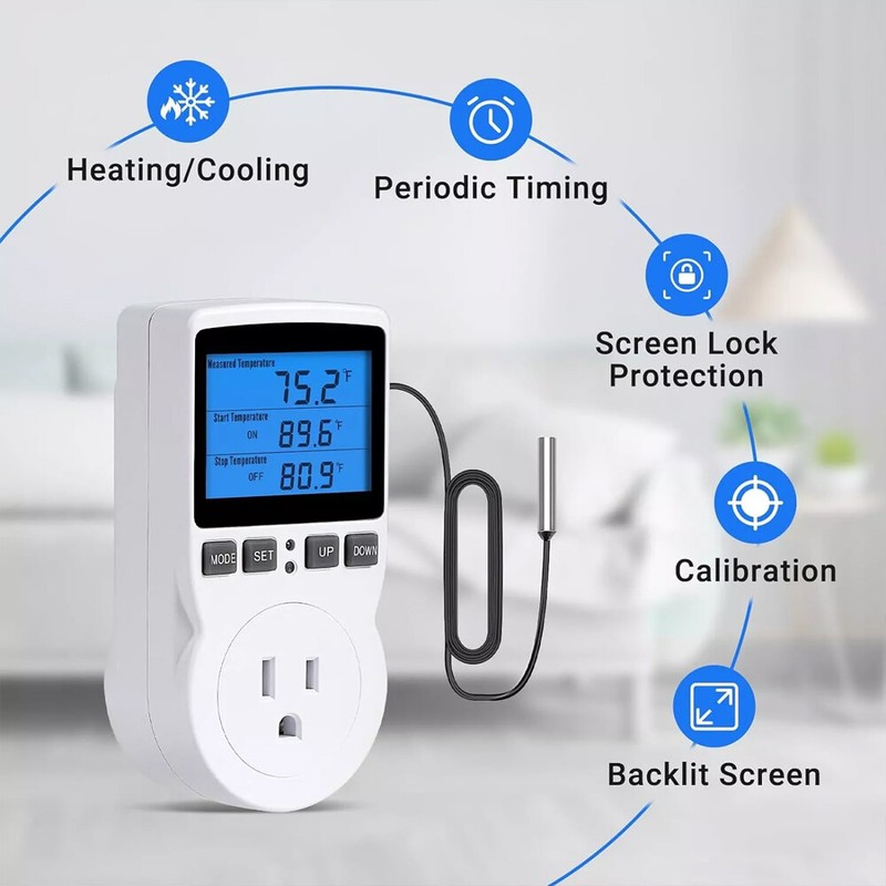 Digital Thermostat Outlet Plug Temperature Controller Heating Cooling w/ ProbejG gallery
