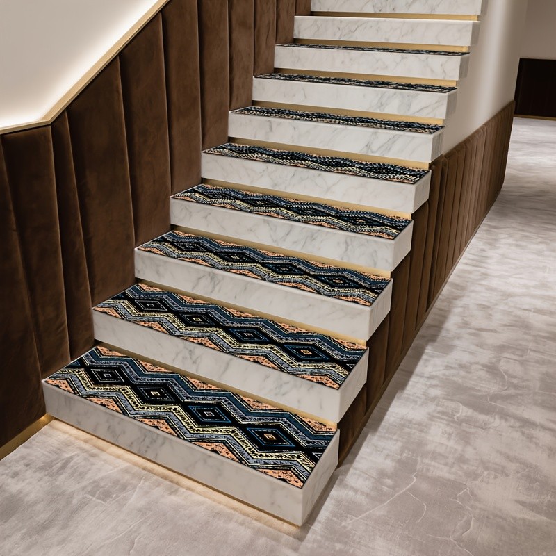 Geometric Quadrilateral Bohemian Pattern Stair Mat, Non-slip Stair Carpet, Lon