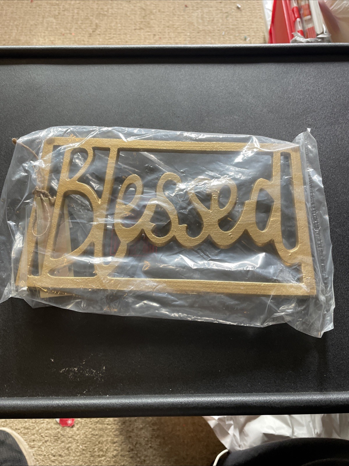 NEW BLESSED Gold Metal Trivet Footed 10inx6inx.75in Christmas gallery