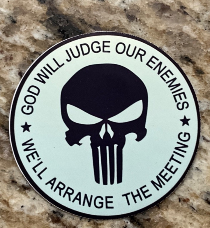 Punisher Skull Decal Sticker Custom GOD WILL JUDGE OUR ENEMIES ARRANGE MEETING gallery