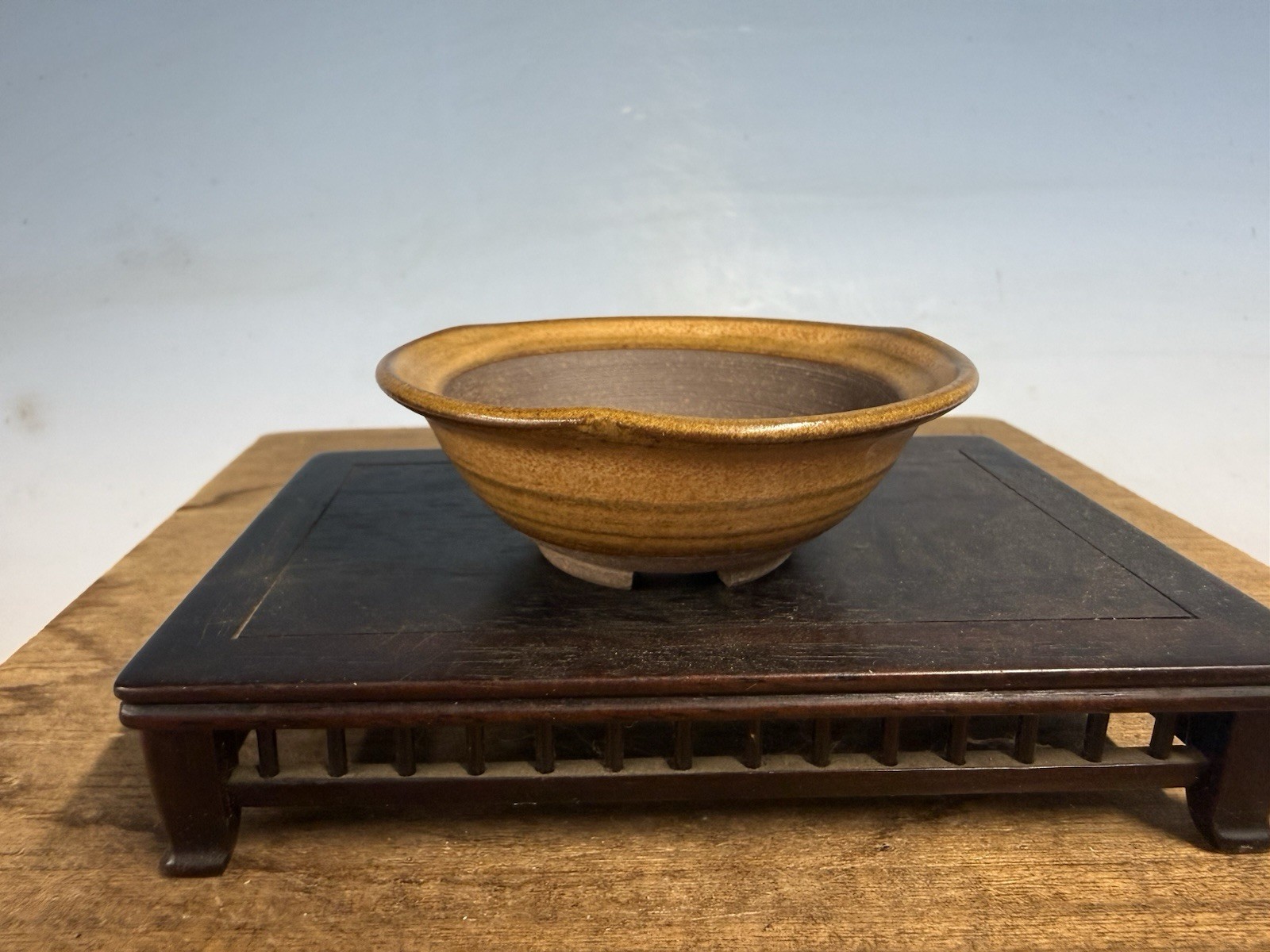 Japanese Unknown Maker Shohin Bonsai Tree Pot 3 1/2 By 1 1/4” Mustard Glaze gallery
