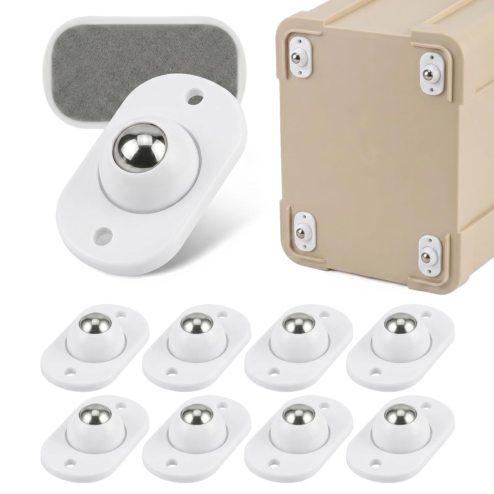 8 White Self-Adhesive Mini 360° Swivel Casters, Silent, Non-Scratch, 66lb gallery