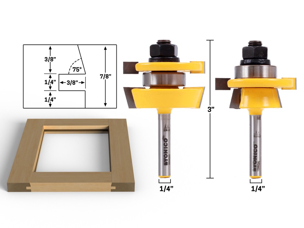 Shaker 2 Bit Rail and Stile Router Bit Set - 1/4" Shank - Yonico 12249q