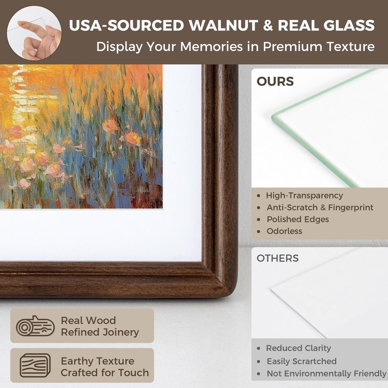 8x10 Picture Frame for Wall, Solid Walnut Wood Frames 8 x 10 with Mat for 5 x... gallery