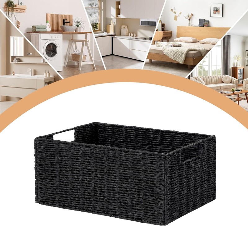 Set of 4 Wicker Storage Baskets Foldable Paper Rope Bins with Handles for Home gallery