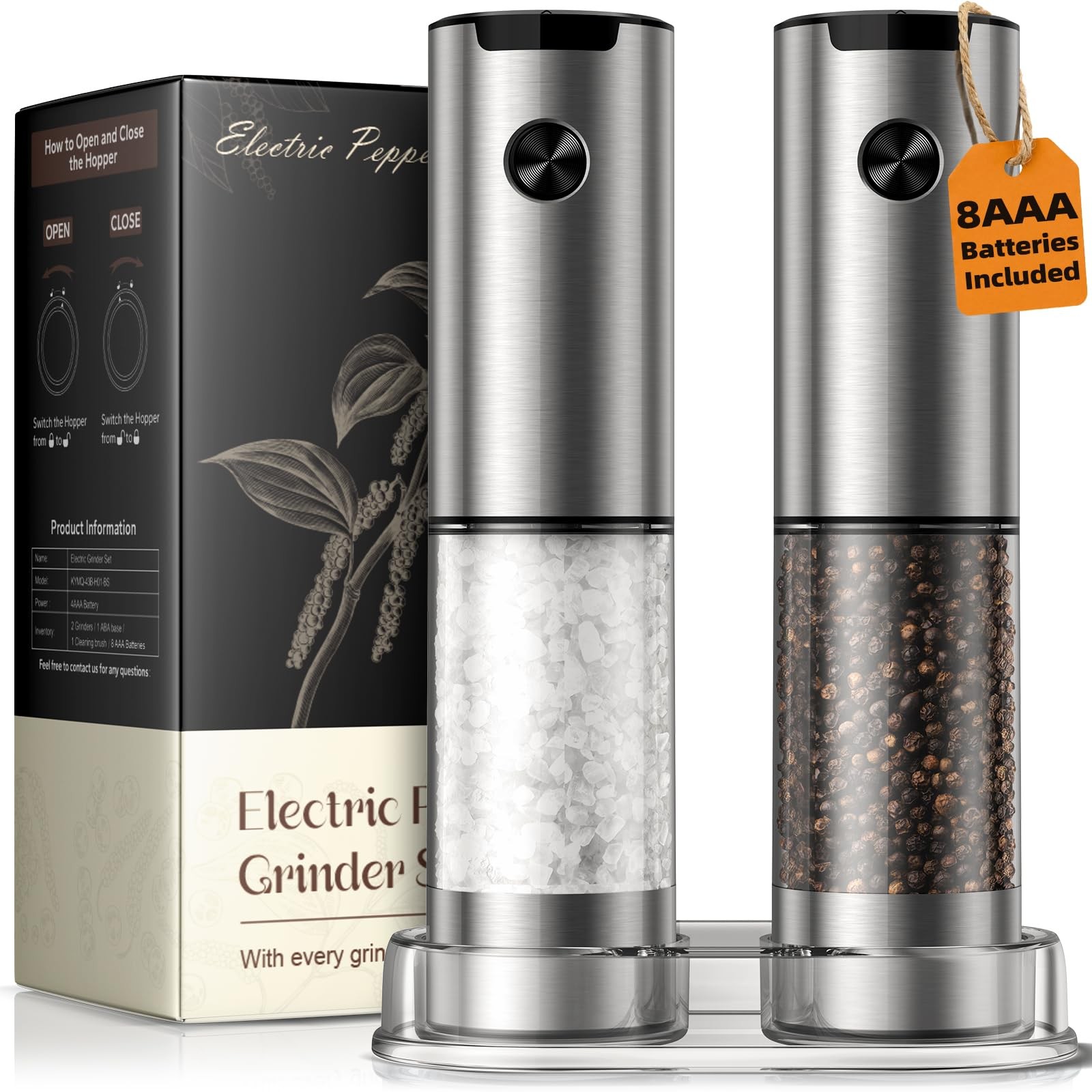 Electric Salt and Pepper Grinder Set Adjustable Coarseness LED Battery Automatic gallery