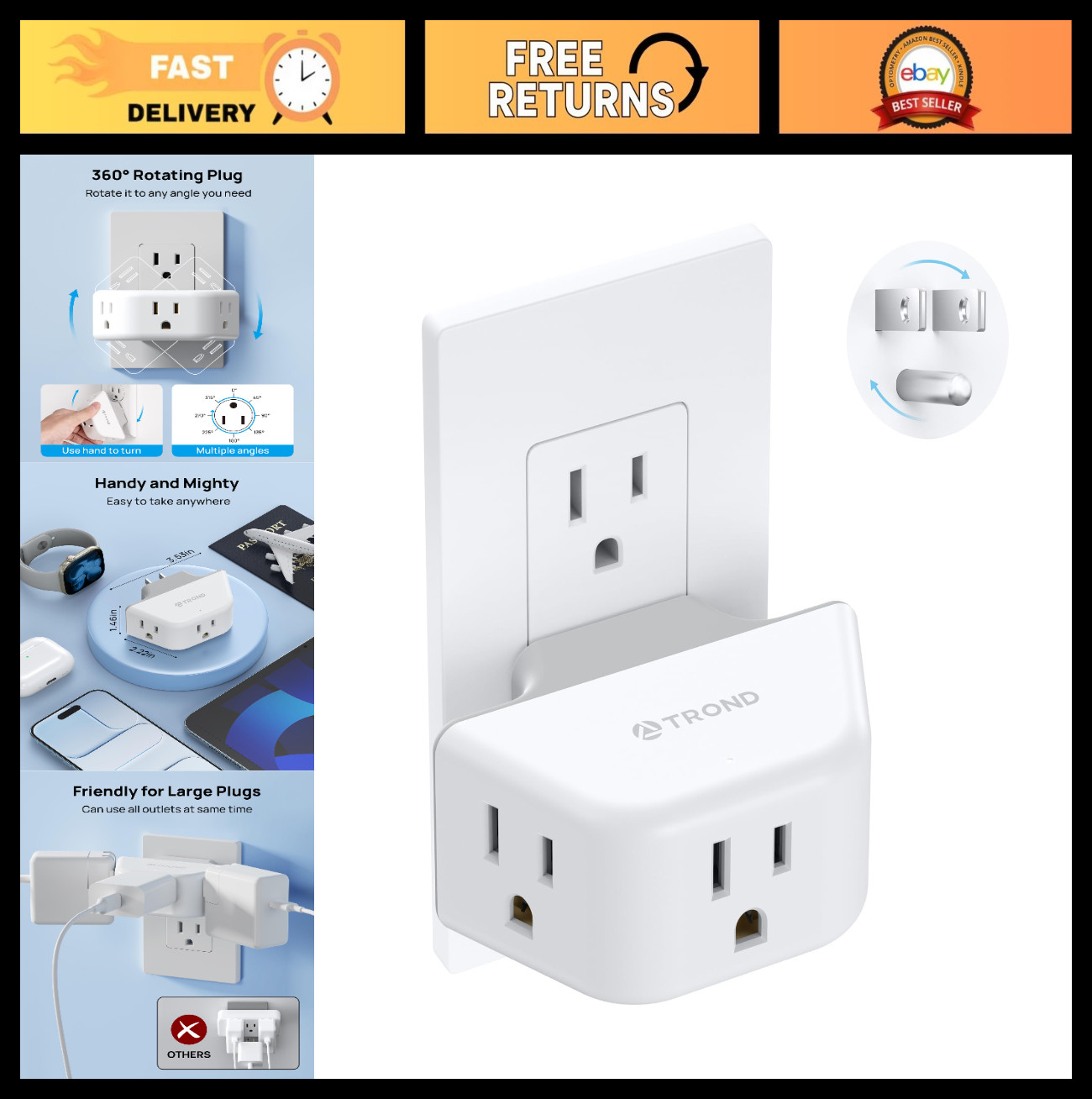 360° Rotating Outlet Extender Adapter, 3 Grounded Sockets, Multi Plug Expander f gallery