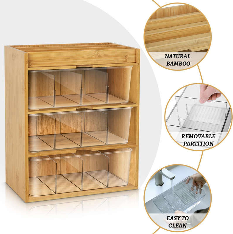Tea Organizer - Bamboo & Acrylic 3-Layer Tea Bag Holder with Drawer, Rustic Mini gallery