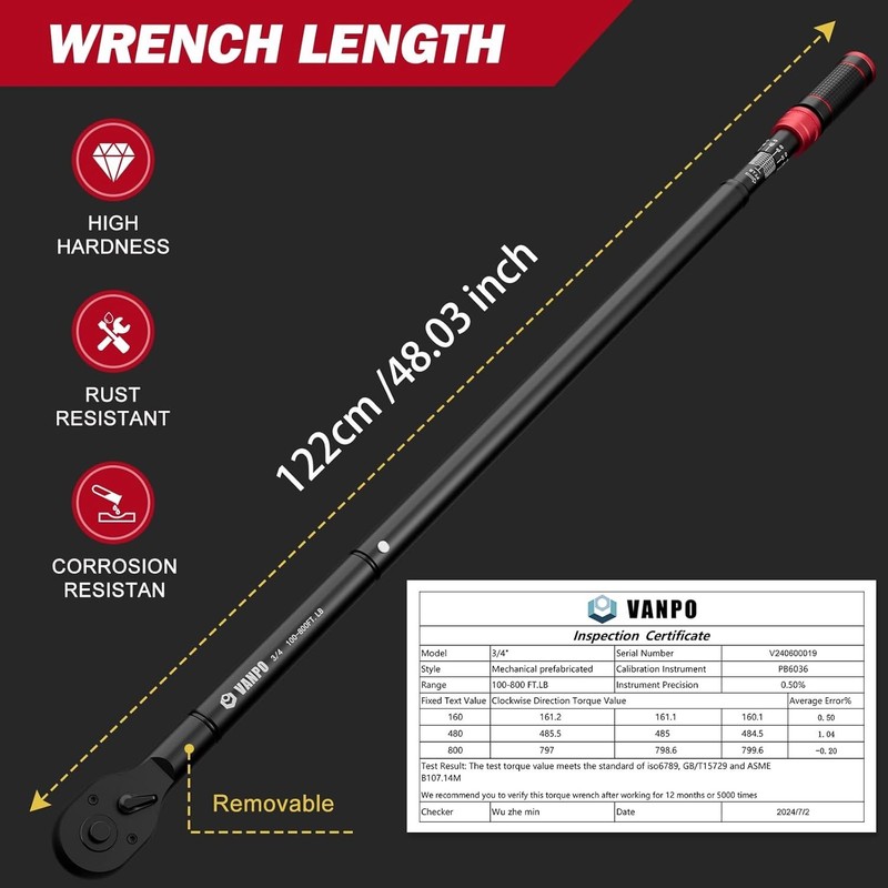 High Precision 3/4-inch Click Torque Wrench 100-800Ft-Lb for Automotive Use gallery