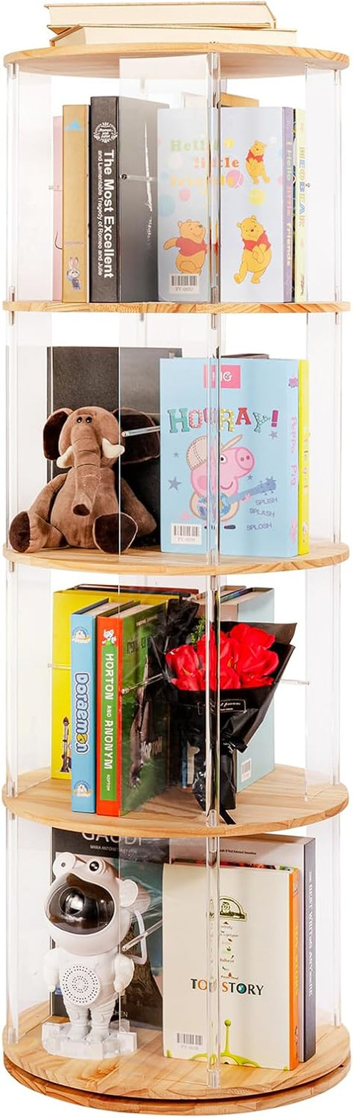 360° Rotating 4-Tier Bookshelf Tower - Solid Wood & Acrylic Bookcase gallery