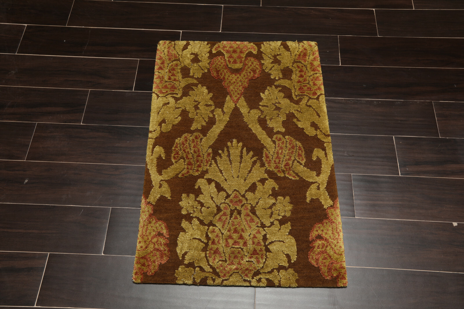 2' x 3' Hand Knotted Wool & Silk Baroque High Low pile Tibetan Area Rug Brown2x3 gallery
