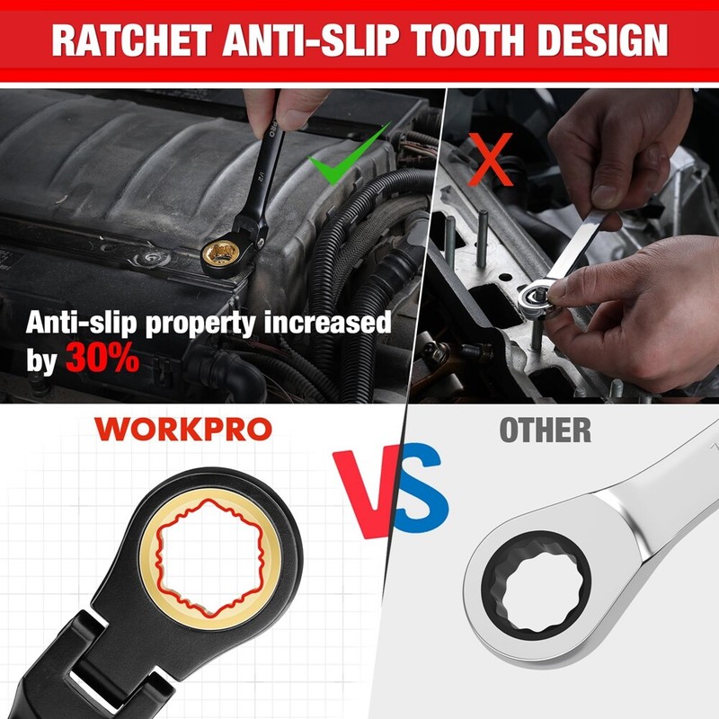 WORKPRO 8PC Flex Head Ratcheting Wrench Set SAE 5/16-3/4" Anti-slip Set 72-Teeth gallery