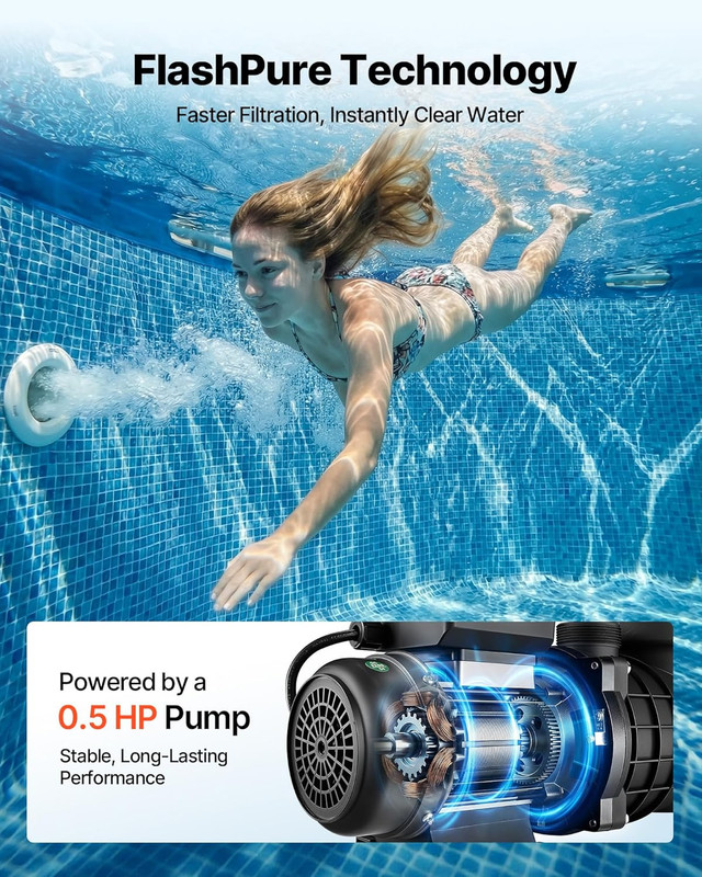 Flashpure Sand Filter Pump, 12 in for above Ground Pool, 0.5 HP 3000 GPH, Swimmi gallery