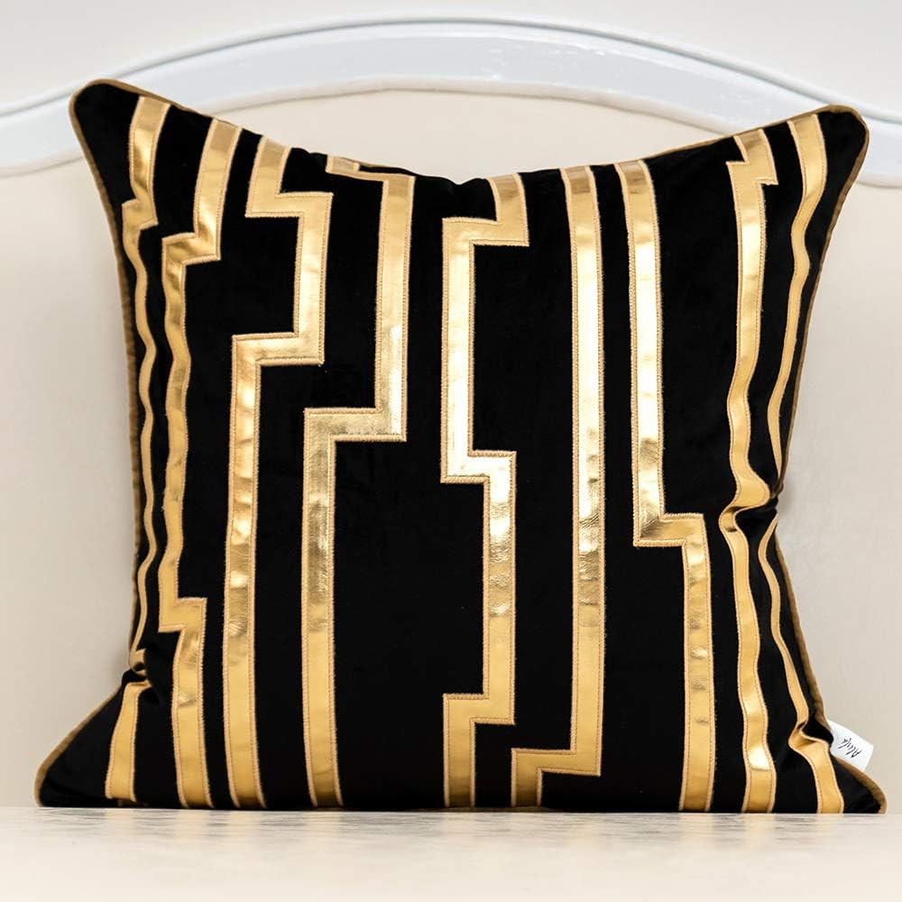 Gold Leather Striped Black Throw Pillow Cover 18x18 Inch, Geometric Luxury Decor