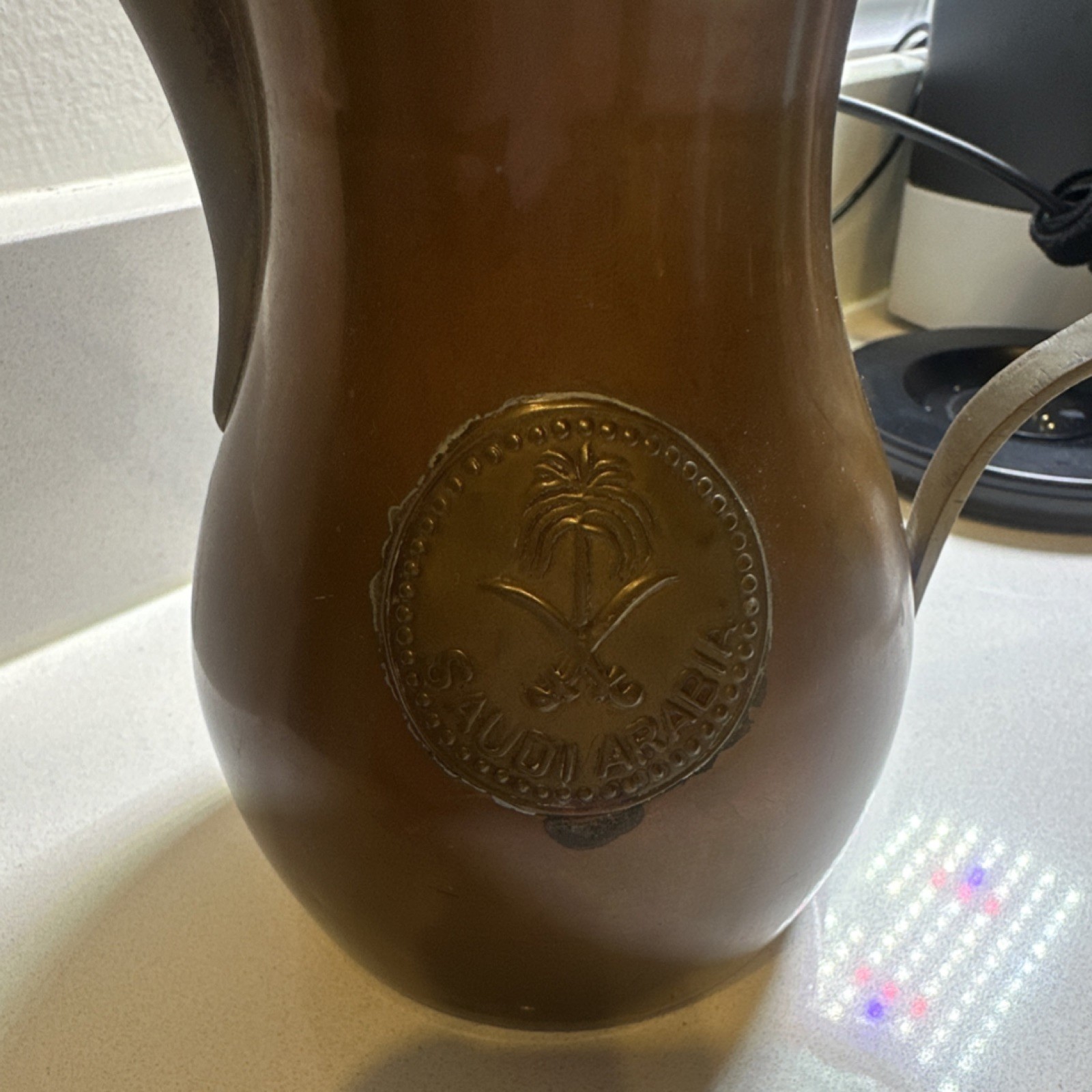 Saudi Arabia Arabic Coffee Pot Turkish Dallah Brass Palm Emblem Metallic Finish gallery