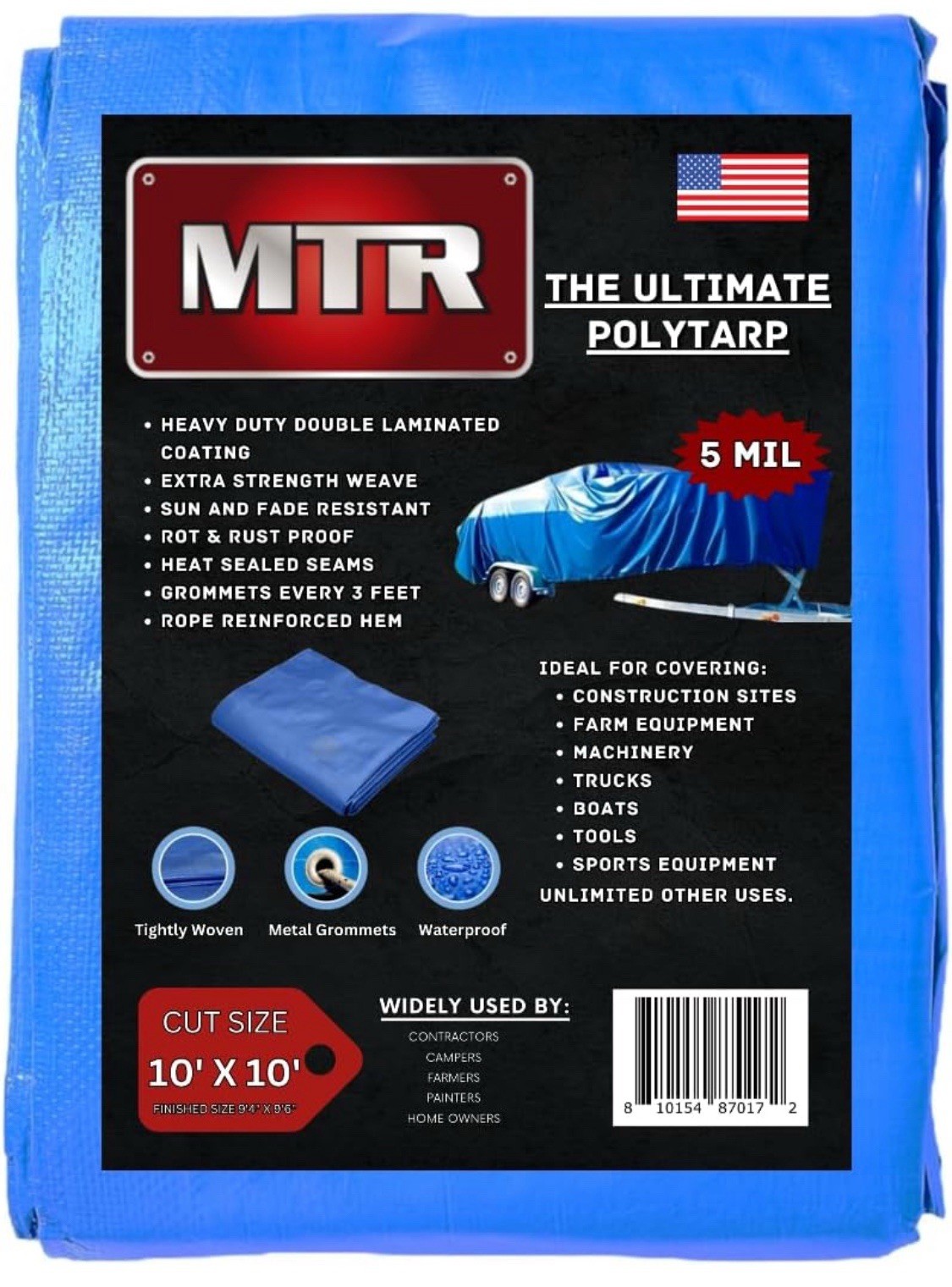 MTR 5 Mil Ultimate Poly Tarp 10ft X 10ft Blue Tarp Heavy Duty Tarp Water Proof gallery