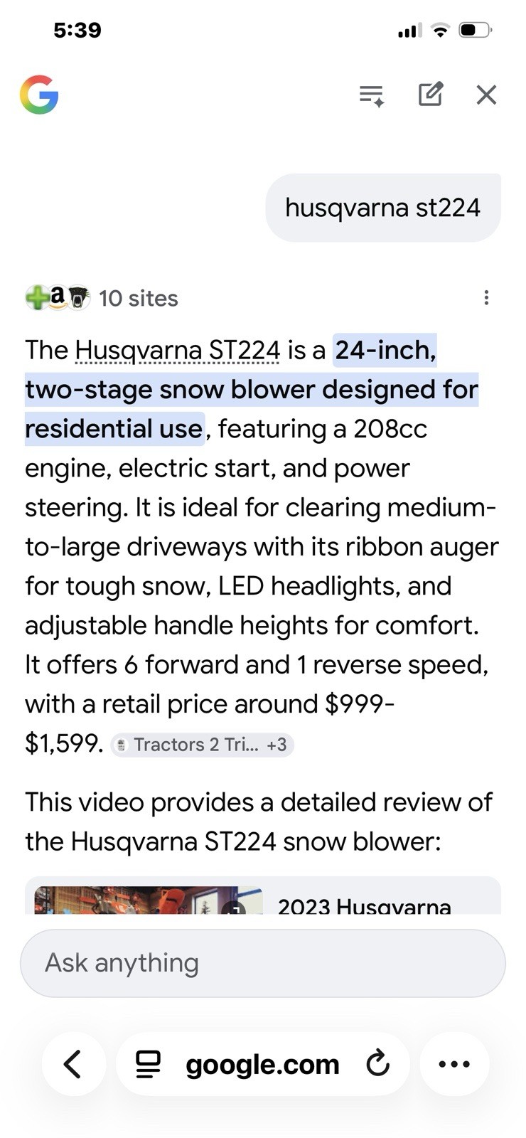 Husqvarna ST224 Two Stage 24-Inch Snow Blower Electric Start LED 208cc Steel gallery